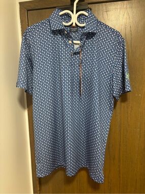 Donald Ross Navy & White Micro-Print Polo (islands and waves) NWT